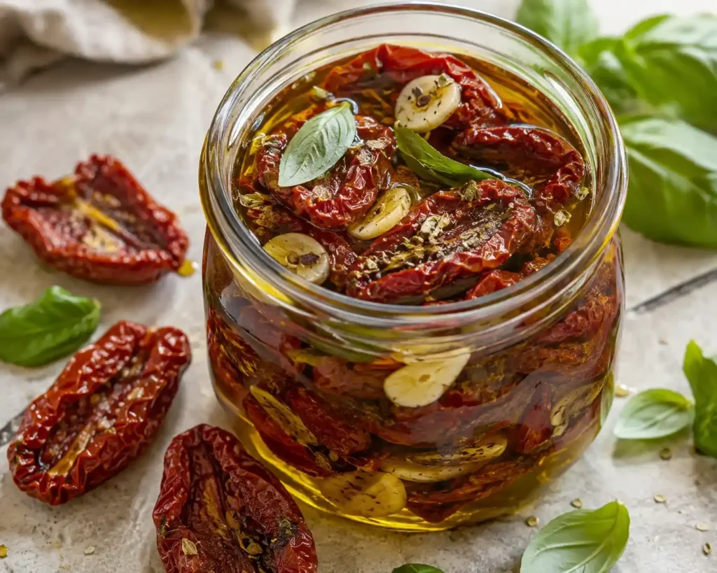 Homemade sun-dried tomatoes in olive oil with garlic, basil, and oregano