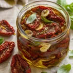 Homemade sun-dried tomatoes in olive oil with garlic, basil, and oregano