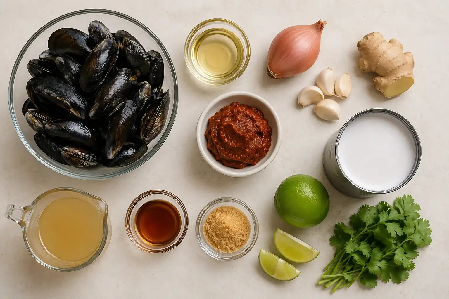 Thai Red Curry Mussels with Coconut Milk Ingredients for Thai red curry mussels with coconut milk including mussels, coconut milk, curry paste, lime, and aromatics