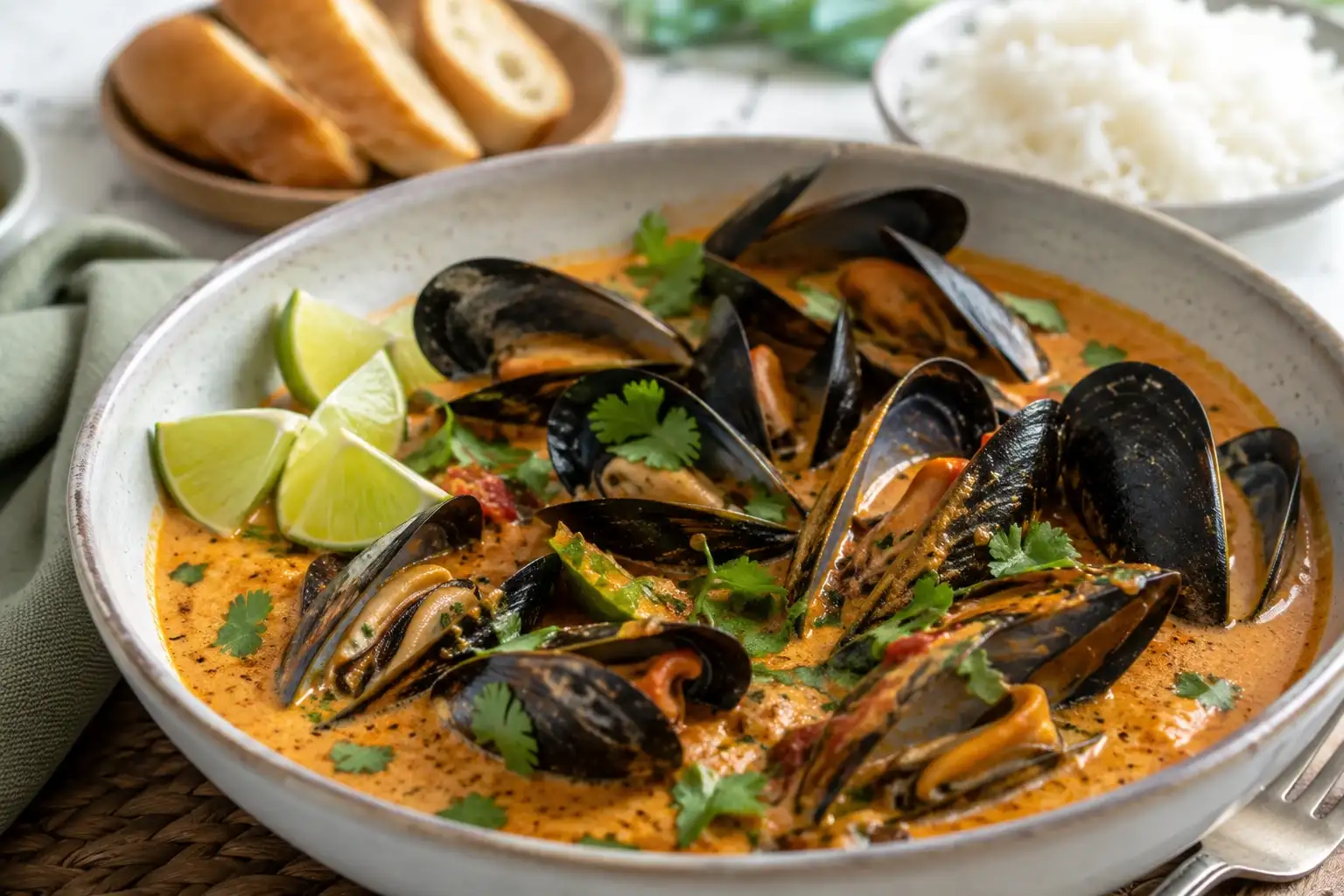 Thai Red Curry Mussels with Coconut Milk Thai coconut curry mussels served with creamy red curry sauce, lime, and cilantro