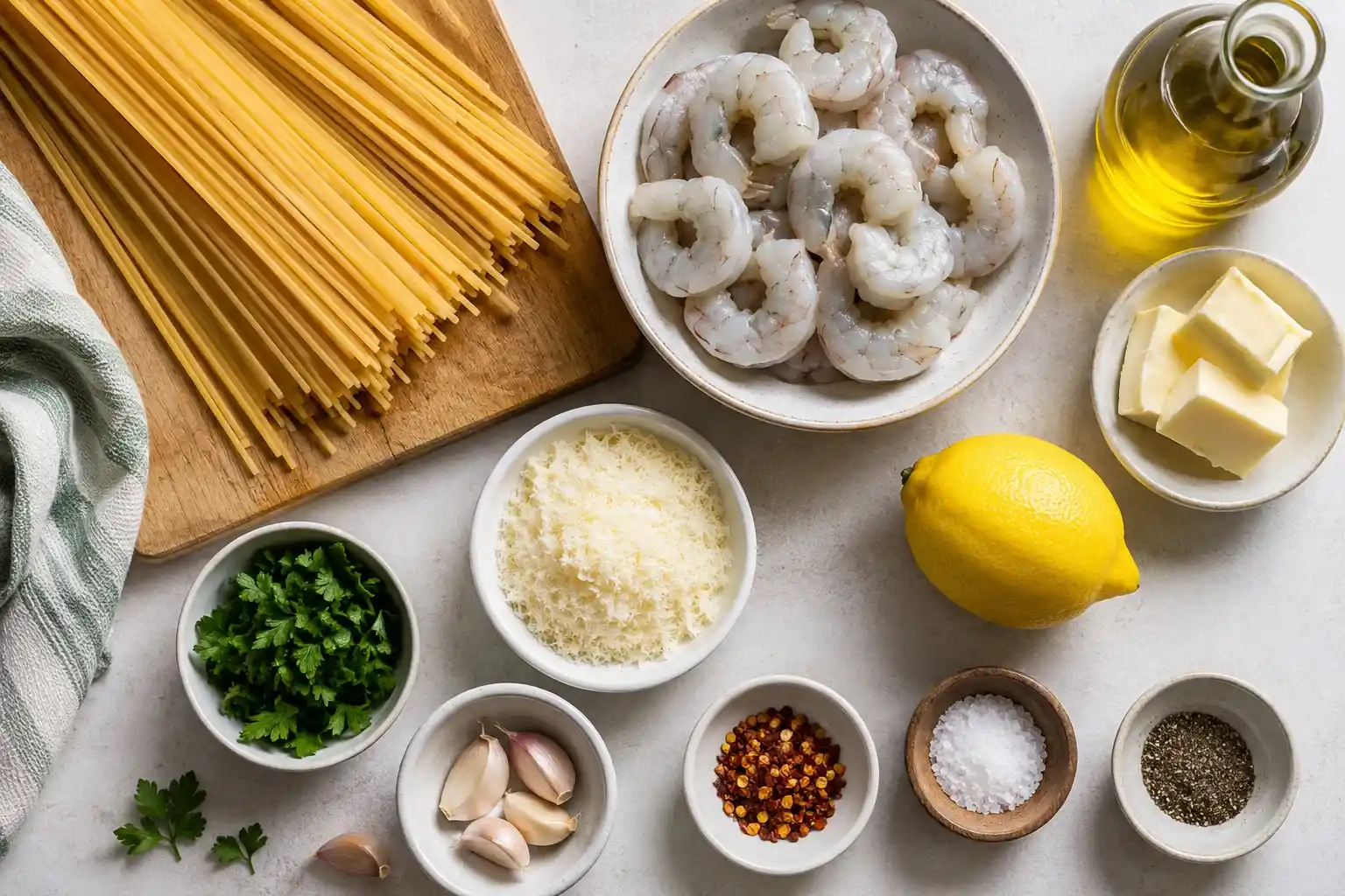 Lemon Garlic Shrimp Pasta Ingredients Linguine, shrimp, lemon, garlic, butter, Parmesan, parsley, and seasonings for lemon garlic shrimp pasta