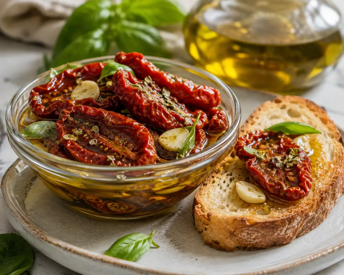 Serving Sun-Dried Tomatoes in Olive Oil un-dried tomatoes in olive oil served in a glass bowl with basil and crusty bread