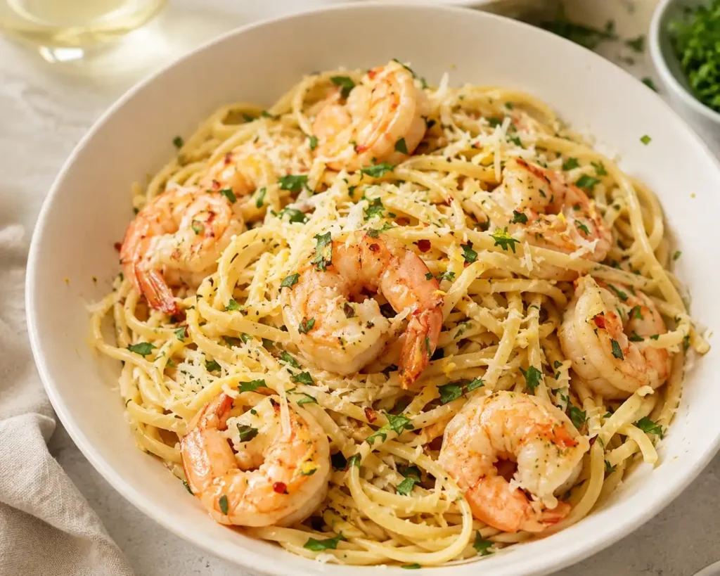 Bowl of lemon garlic shrimp pasta with linguine, tender shrimp, Parmesan, parsley, and red pepper flakes