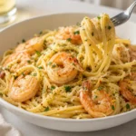 Lemon garlic shrimp pasta served in a bowl with linguine, shrimp, Parmesan, parsley, and red pepper flakes