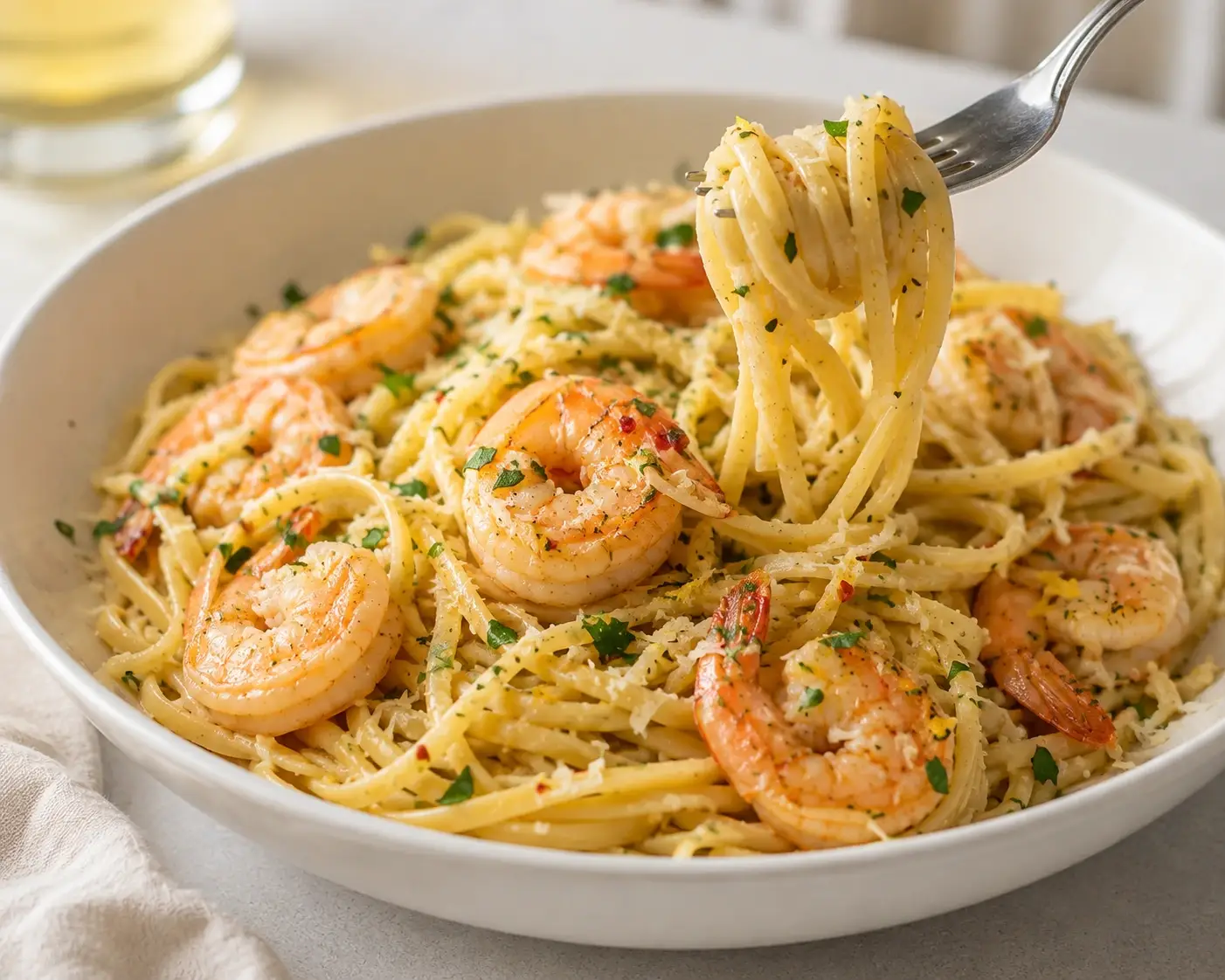 Serving Lemon Garlic Shrimp Pasta Lemon garlic shrimp pasta served in a bowl with linguine, shrimp, Parmesan, parsley, and red pepper flakes
