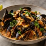 Thai red curry mussels in creamy coconut milk sauce with lime and cilantro