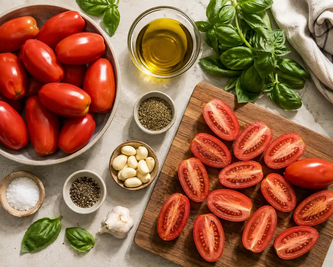 Sun-Dried Tomatoes in Oil Ingredients Roma tomatoes, olive oil, garlic, basil, oregano, salt, and pepper for sun-dried tomatoes in oil