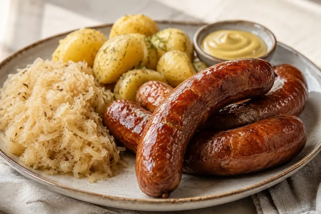 Fresh Polish kielbasa cooked until browned and served with simple traditional sides.