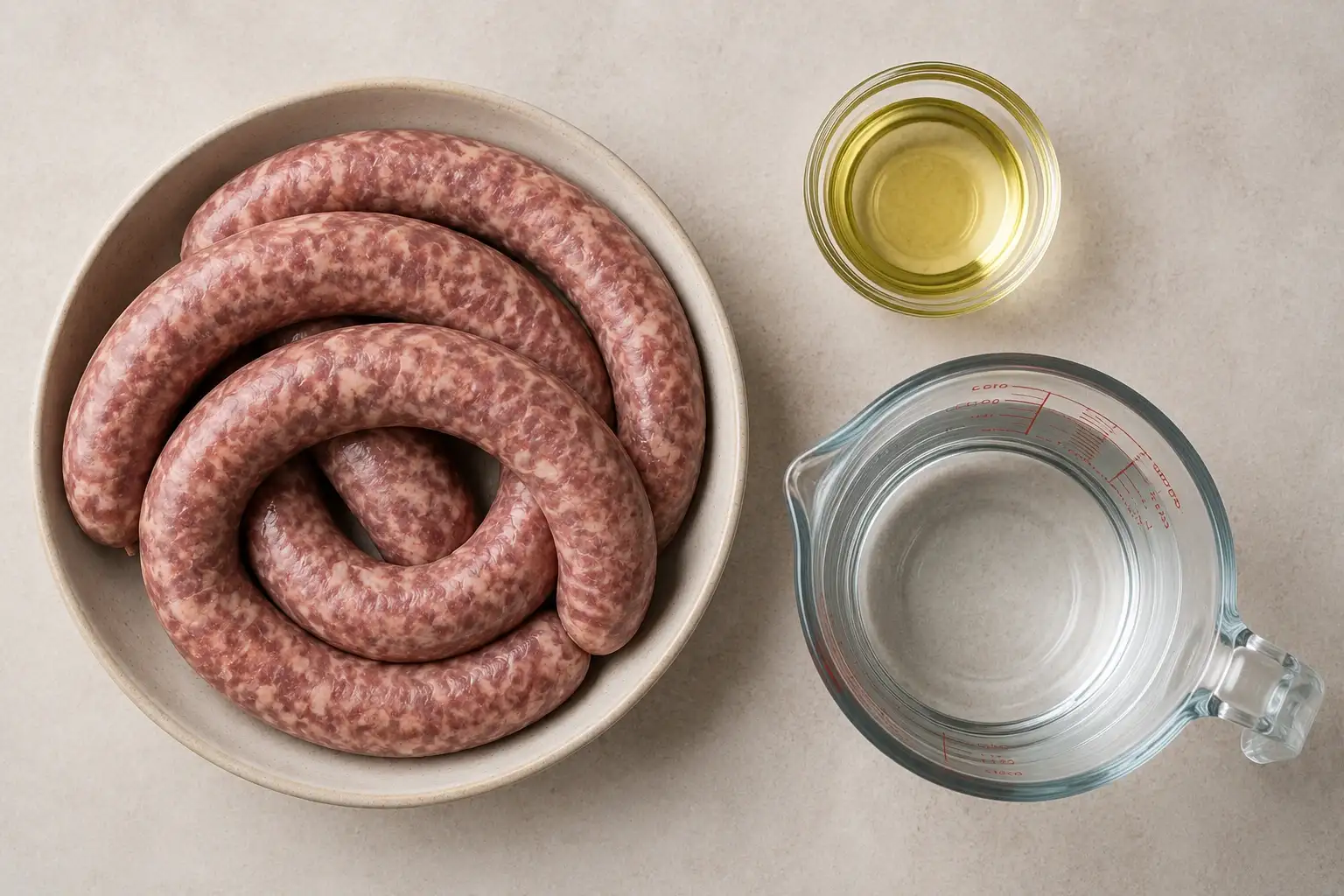 How to Cook Fresh Kielbasa Ingredients Fresh kielbasa, vegetable oil, and water arranged as the recipe ingredients.