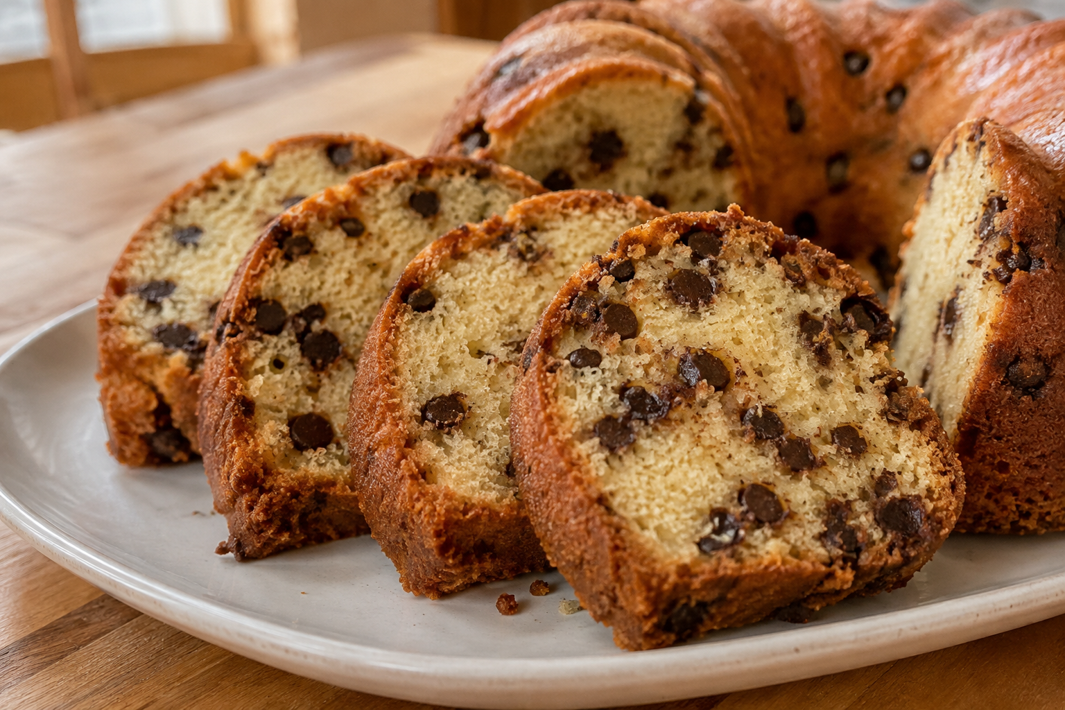Sliced Chocolate Chip Sour Cream Bundt Cake Slices of chocolate chip sour cream Bundt cake showing moist crumb and semisweet chocolate chips