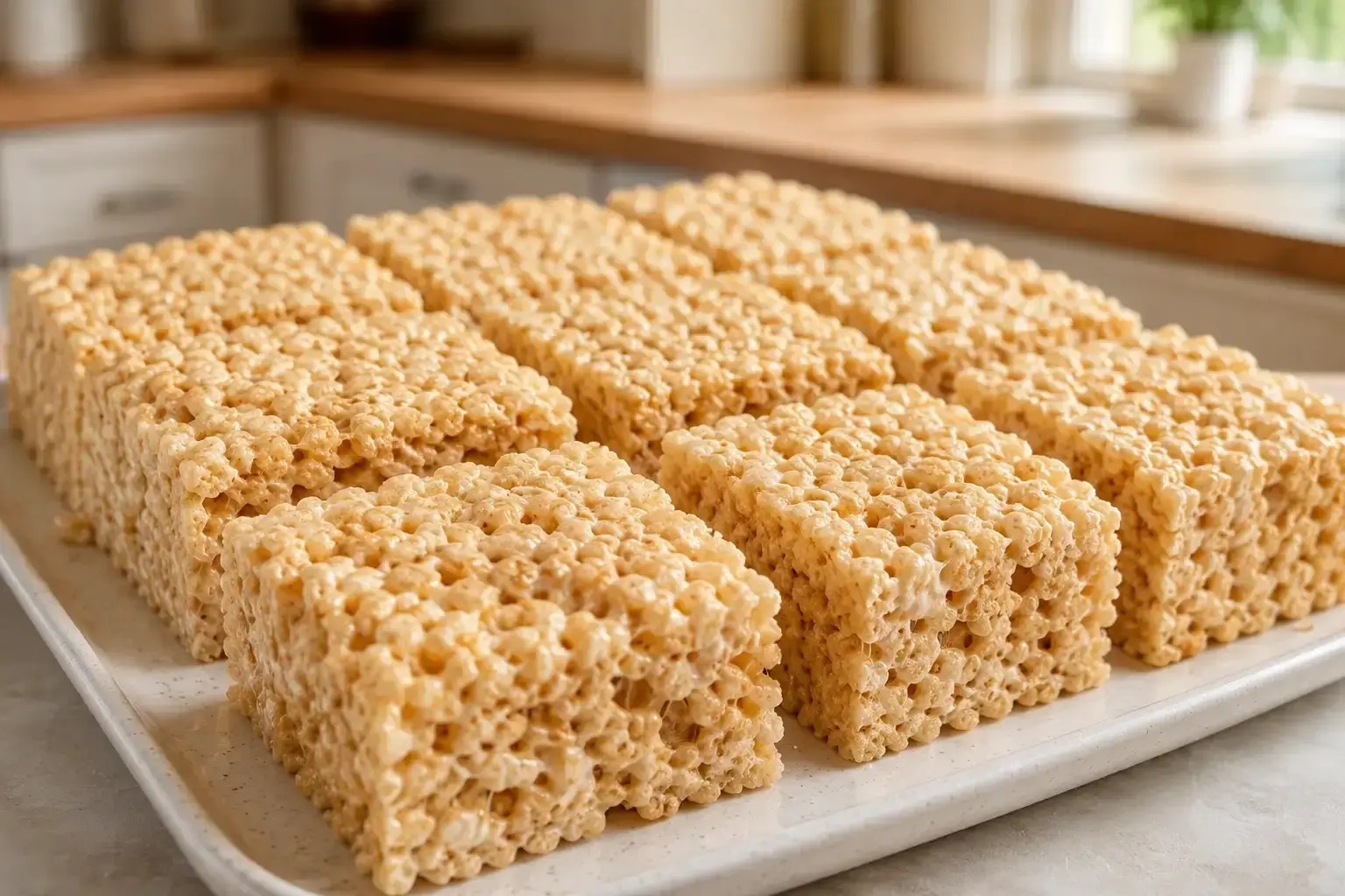 b9dd0596-4b45-47b3-9773-017115f30112-100kb-100kb Thick giant rice crispy treat squares arranged on a serving platter