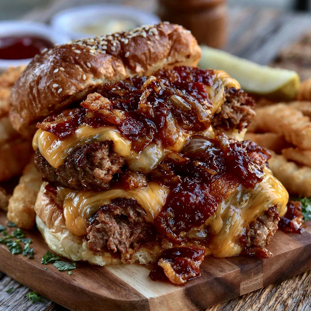 Caramelized Onion Bacon Cheeseburger Served Served Caramelized Onion Bacon Cheeseburger with fries and dipping sauces