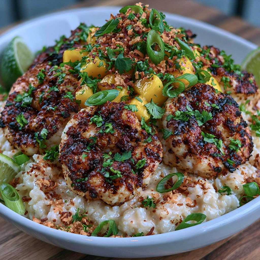 Coconut Rice with Mango and Grilled Shrimp served in a bowl with fresh mango, cilantro, and lime.