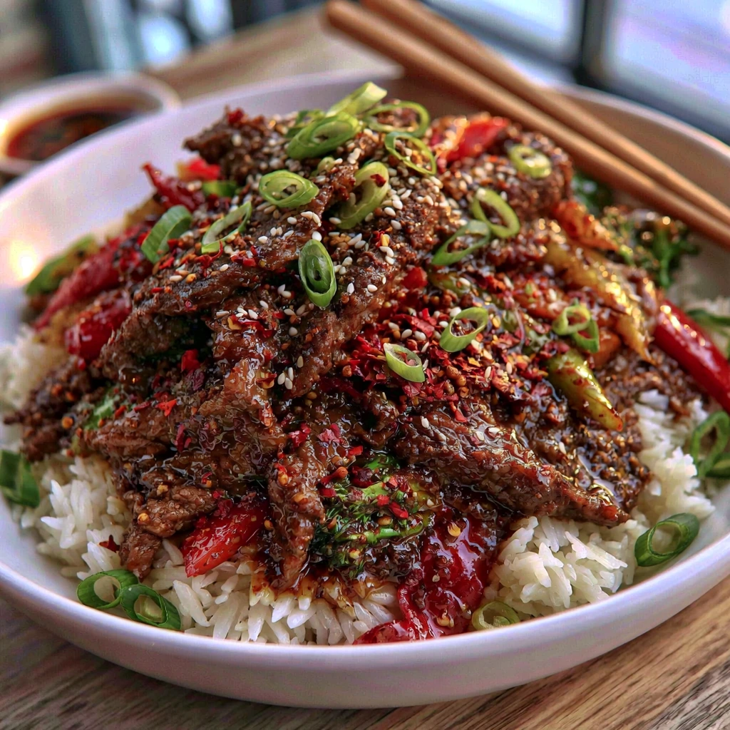 Szechuan Pepper Beef Stir-Fry with tender beef, colorful vegetables, and steamed jasmine rice