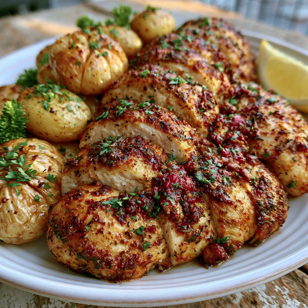 Served Herb-Crusted Roast Chicken with Garlic Potatoes Plated Herb-Crusted Roast Chicken with Garlic Potatoes garnished with fresh parsley and lemon wedges.
