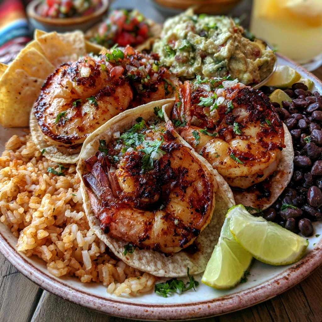 Chipotle Lime Shrimp Tacos served with guacamole, Mexican rice, black beans, and lime wedges.