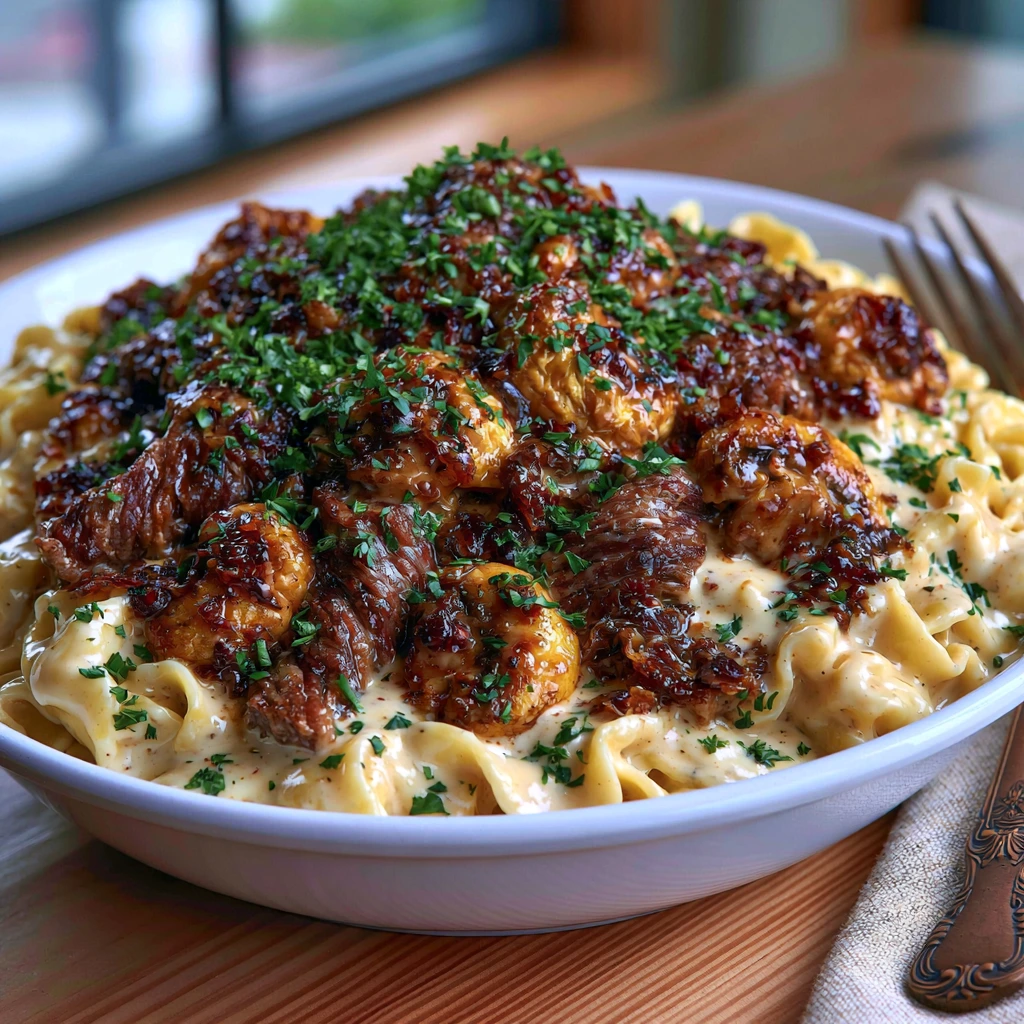 Creamy Beef and Mushroom Stroganoff served over buttery egg noodles with fresh parsley.