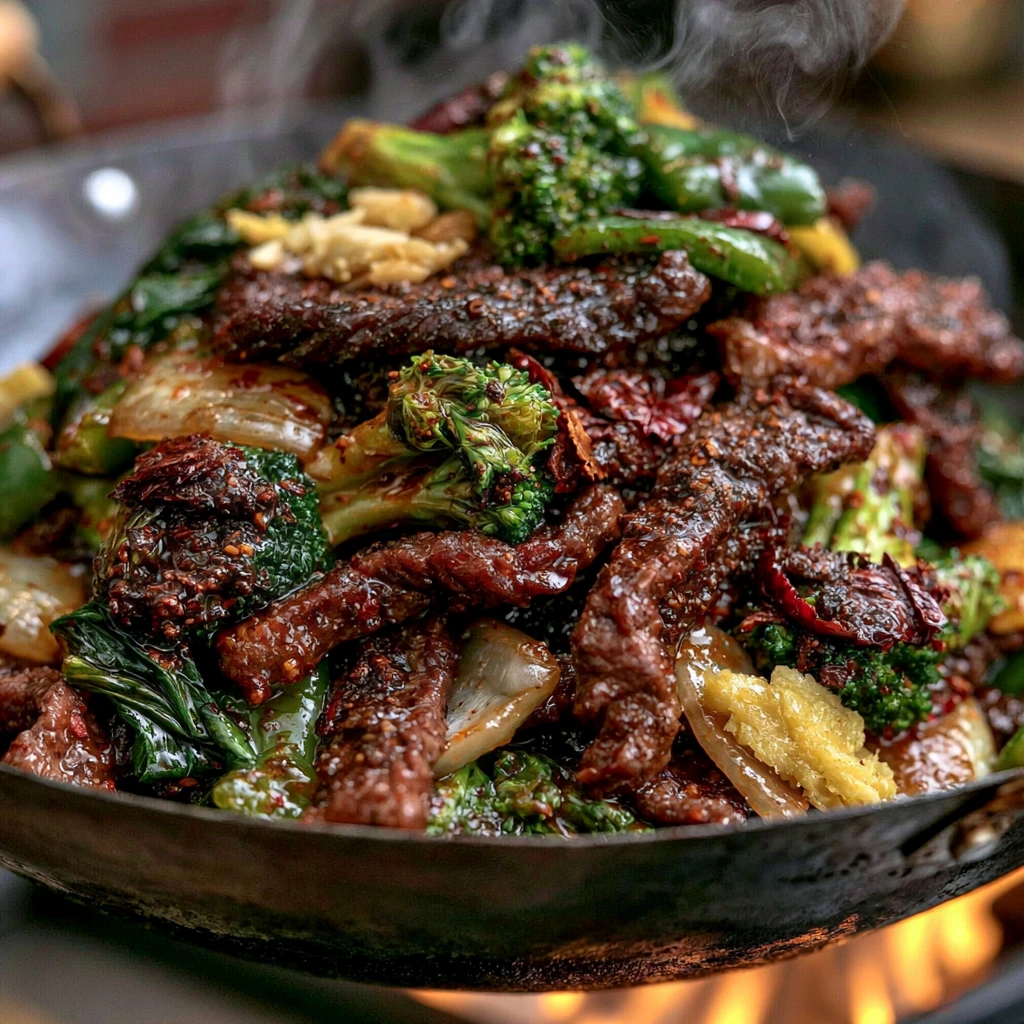 Cooking Szechuan Pepper Beef Stir-Fry Szechuan Pepper Beef Stir-Fry cooking in a hot wok with fresh vegetables