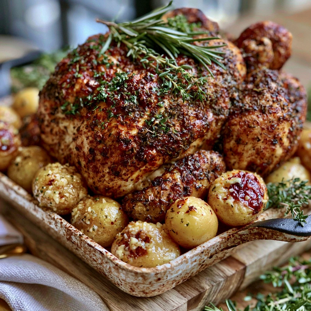 Golden Herb-Crusted Roast Chicken with Garlic Potatoes roasted with fresh rosemary, thyme, and garlic.