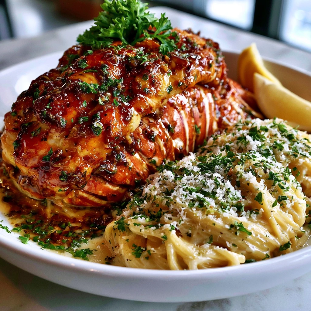 Home 24 Garlic Butter Lobster Tail with Lemon Pasta served with Parmesan, fresh parsley, and lemon wedges