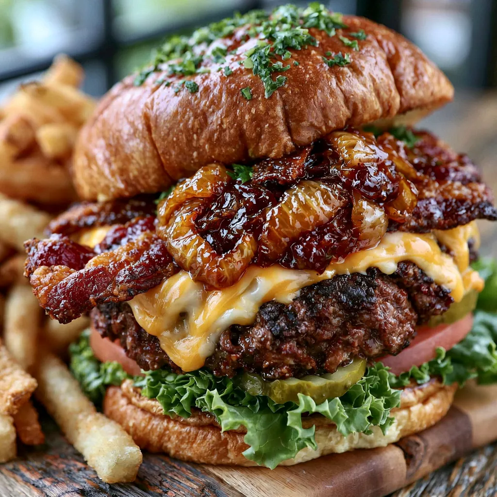 Caramelized Onion Bacon Cheeseburger Caramelized Onion Bacon Cheeseburger with crispy bacon, melted cheddar cheese, and sweet caramelized onions