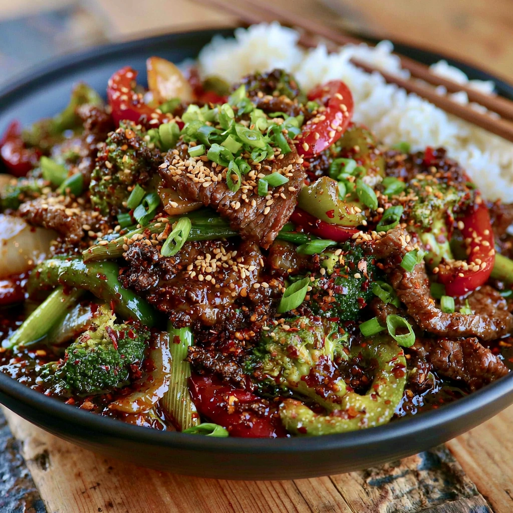 Served Szechuan Pepper Beef Stir-Fry Served Szechuan Pepper Beef Stir-Fry over steamed jasmine rice with sesame seeds