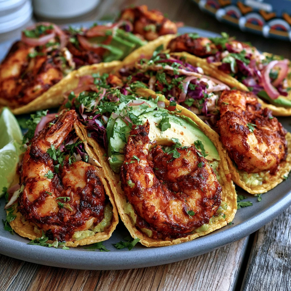 Home 15 Chipotle Lime Shrimp Tacos with smoky shrimp, avocado, cabbage slaw, and fresh lime on corn tortillas.