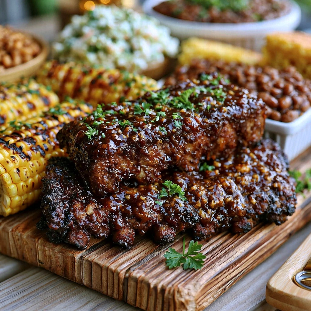 Honey BBQ Glazed Ribs served with coleslaw, grilled corn, baked beans, and cornbread.