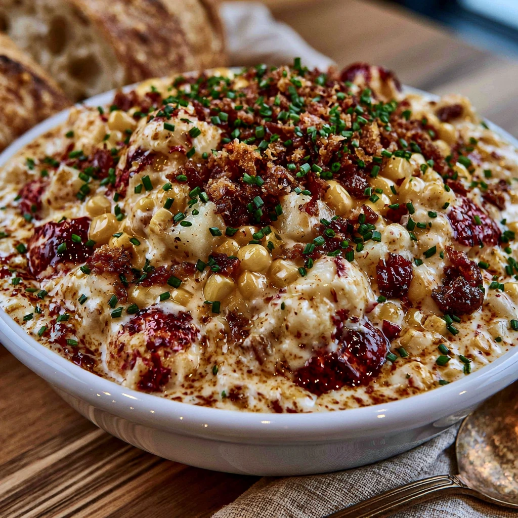 Creamy Lobster and Corn Chowder served with sweet corn, potatoes, crispy bacon, and fresh chives.