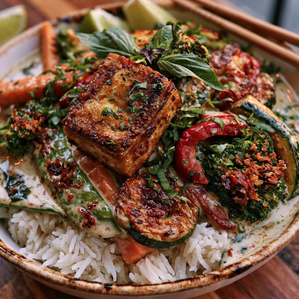Thai Green Curry with Tofu and Veggies served over jasmine rice in a creamy coconut curry sauce