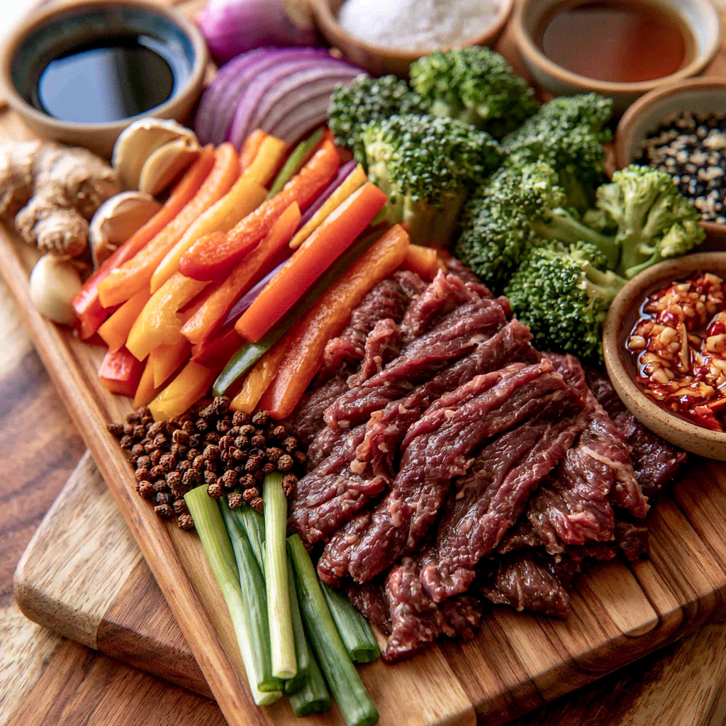 Ingredients for Szechuan Pepper Beef Stir-Fry Fresh ingredients including sliced beef, vegetables, and seasonings for Szechuan Pepper Beef Stir-Fry
