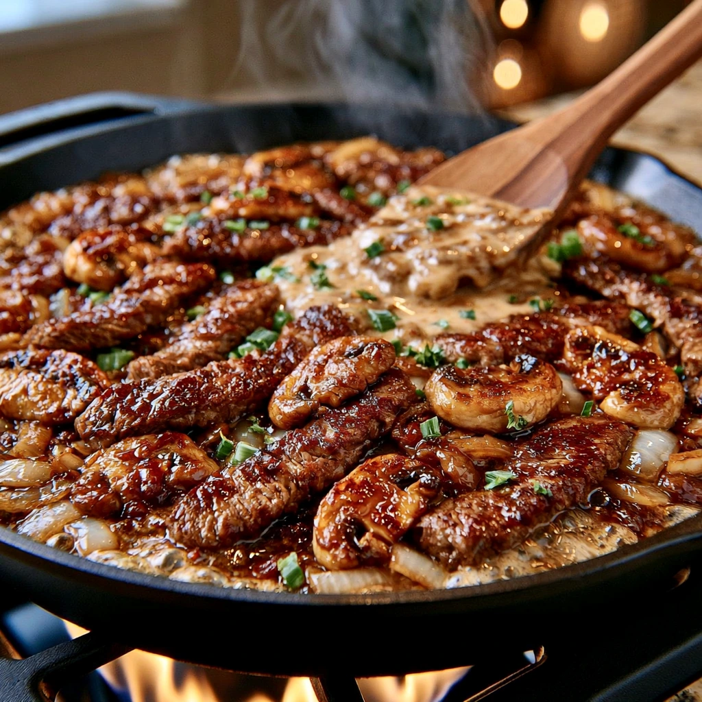 Beef and mushrooms cooking in a skillet with creamy stroganoff sauce.