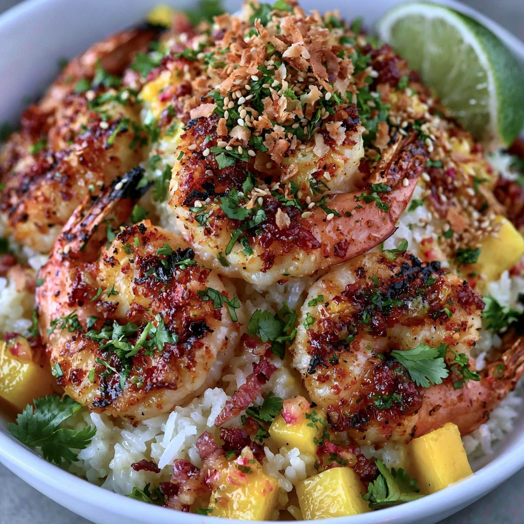 Coconut Rice with Mango and Grilled Shrimp Close-Up Close-up of Coconut Rice with Mango and Grilled Shrimp topped with toasted coconut, cilantro, and fresh mango.