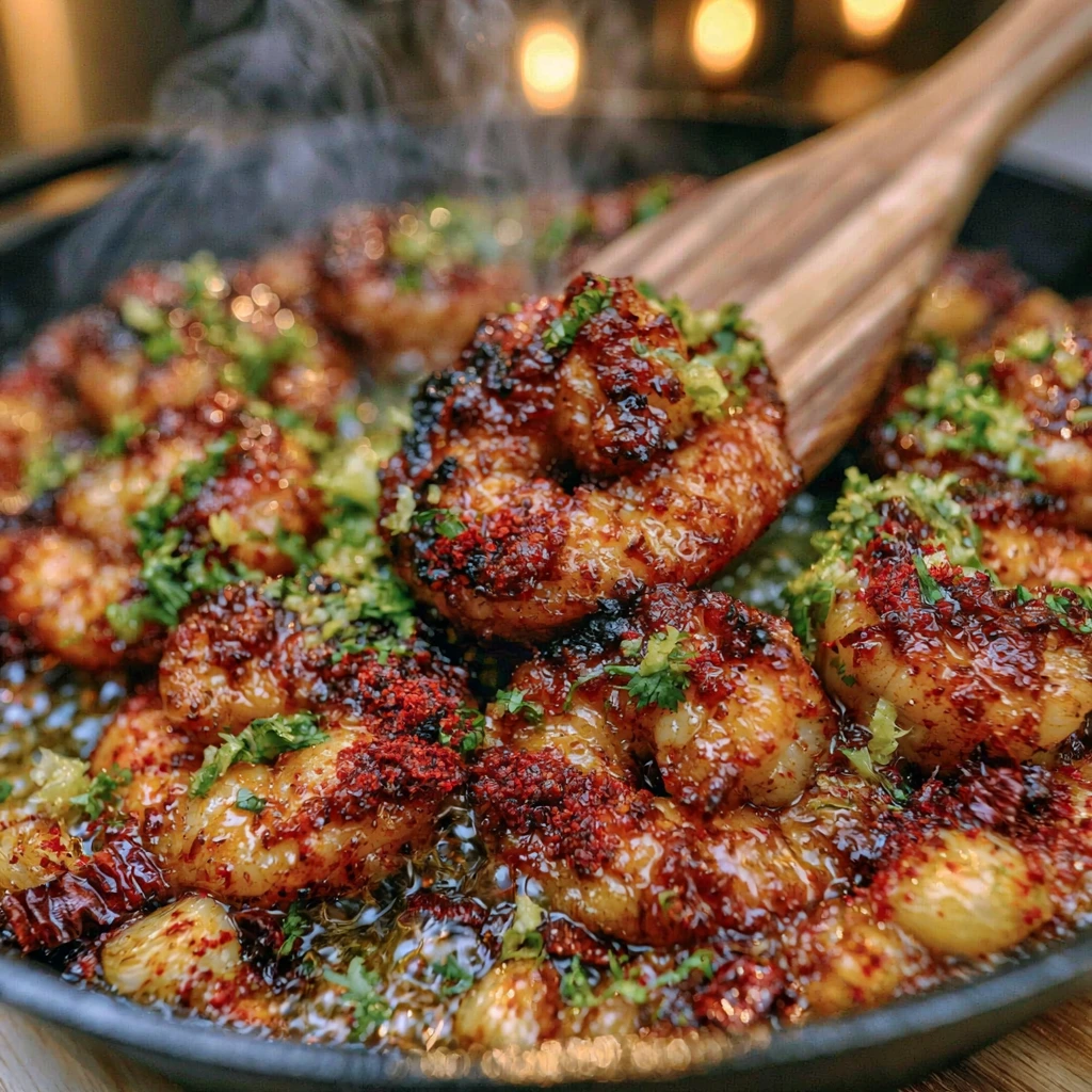 Chipotle lime shrimp sizzling in a cast-iron skillet with garlic and smoky spices.