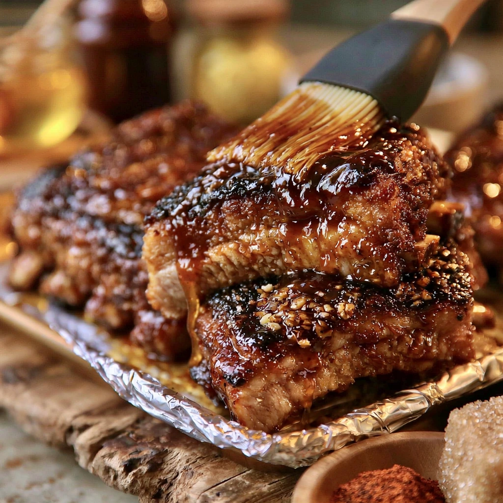 Applying Honey BBQ Glaze to Ribs Brushing homemade honey BBQ glaze onto pork ribs before caramelizing in the oven.