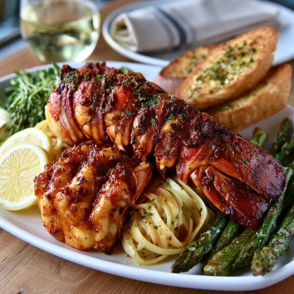 Garlic Butter Lobster Tail Dinner Elegant Garlic Butter Lobster Tail with Lemon Pasta served with asparagus and garlic bread