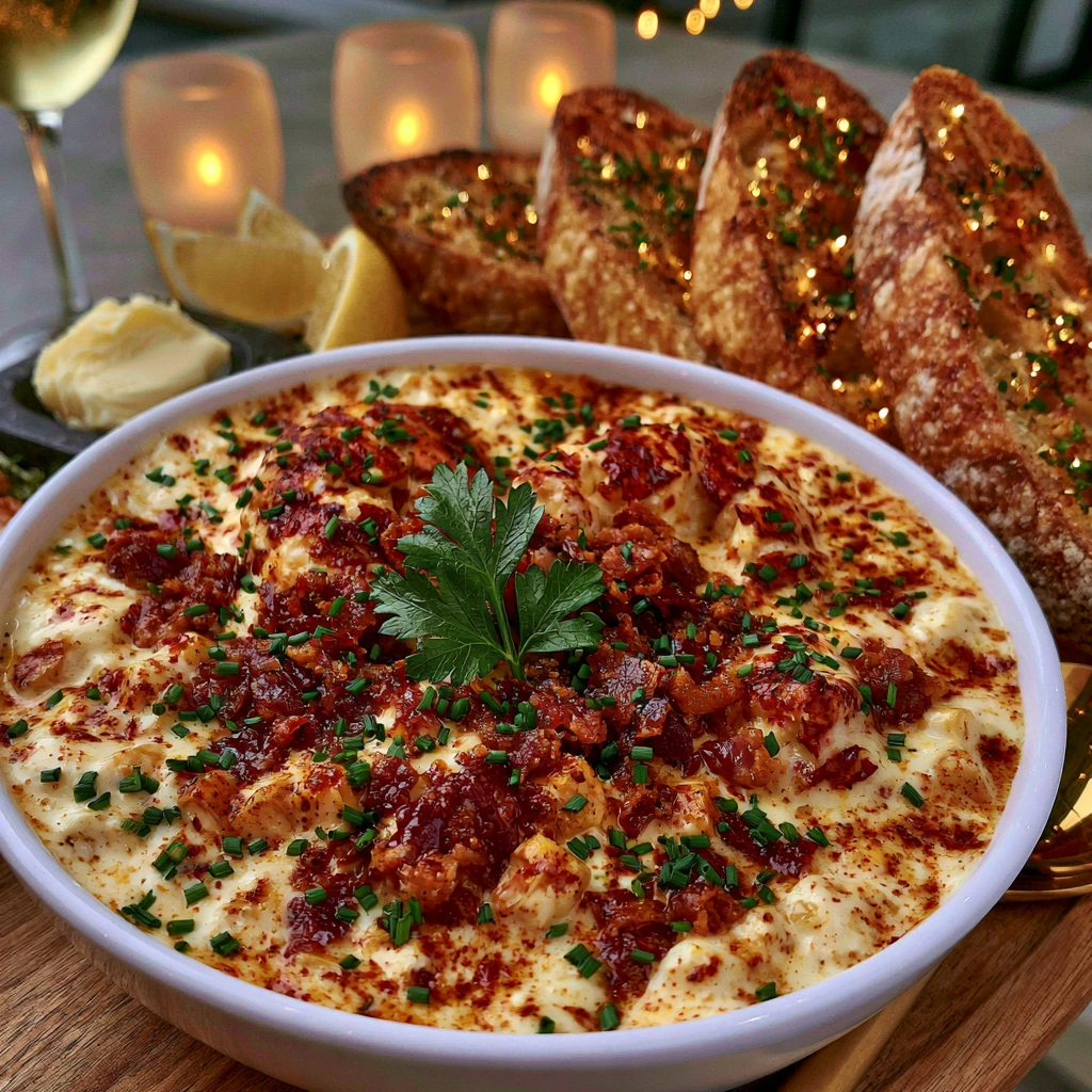 Homemade Lobster and Corn Chowder Ready to Serve Served Lobster and Corn Chowder with toasted sourdough bread on a rustic dinner table.