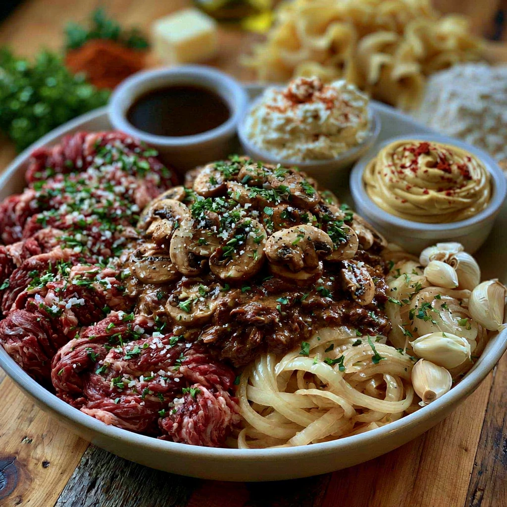Fresh ingredients including beef, mushrooms, onions, garlic, sour cream, and egg noodles for Beef and Mushroom Stroganoff.
