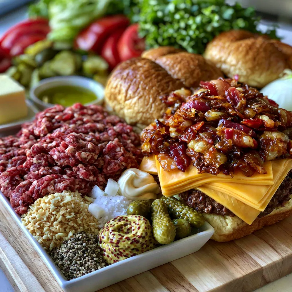 Caramelized Onion Bacon Cheeseburger Ingredients Fresh ingredients for making a Caramelized Onion Bacon Cheeseburger