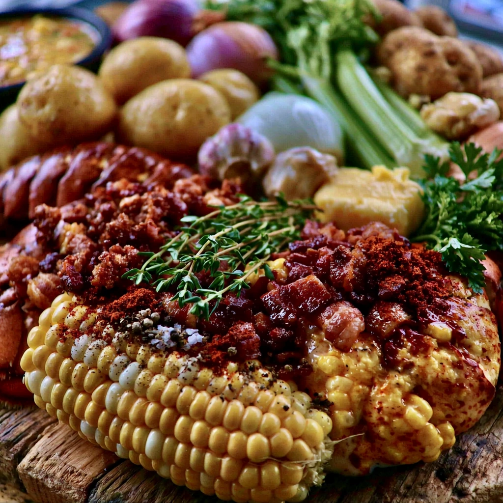 Ingredients for Homemade Lobster and Corn Chowder Fresh ingredients for Lobster and Corn Chowder including lobster tails, corn, potatoes, bacon, garlic, and herbs.