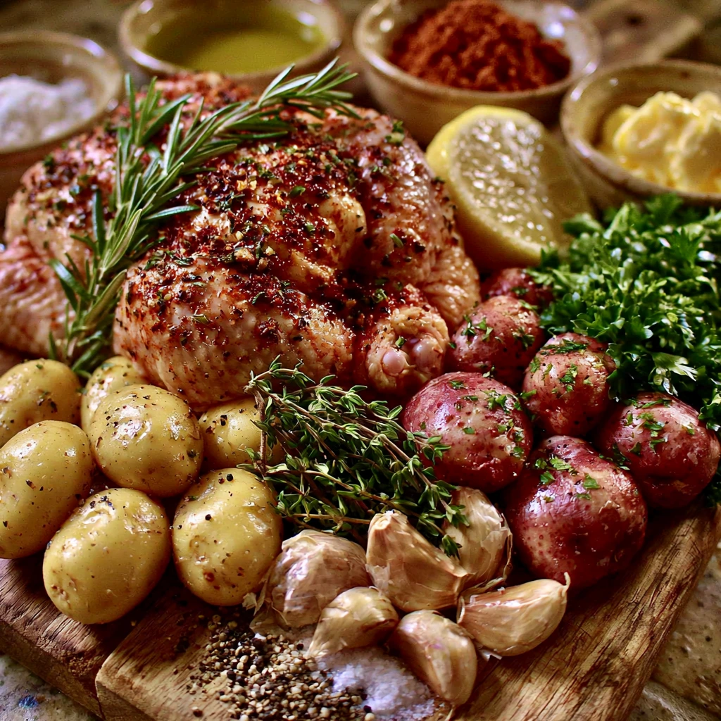 Ingredients for Herb-Crusted Roast Chicken with Garlic Potatoes Fresh ingredients including whole chicken, baby potatoes, garlic, rosemary, thyme, parsley, lemon, and olive oil.