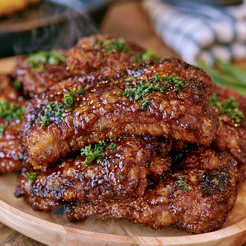Oven-Baked Honey BBQ Glazed Ribs Oven-baked Honey BBQ Glazed Ribs with caramelized barbecue sauce.