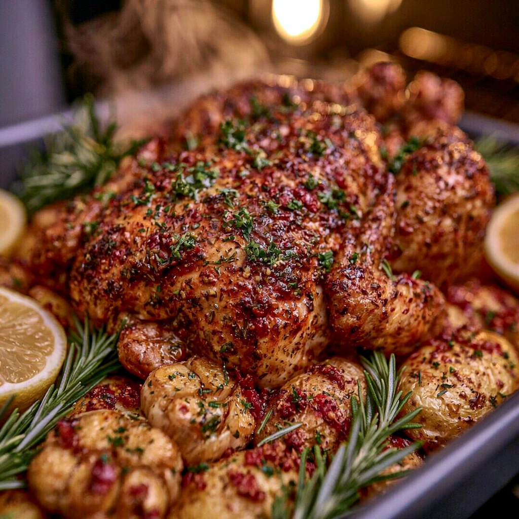 Roasting Herb-Crusted Roast Chicken with Garlic Potatoes Herb-Crusted Roast Chicken roasting in the oven with garlic baby potatoes until golden brown.