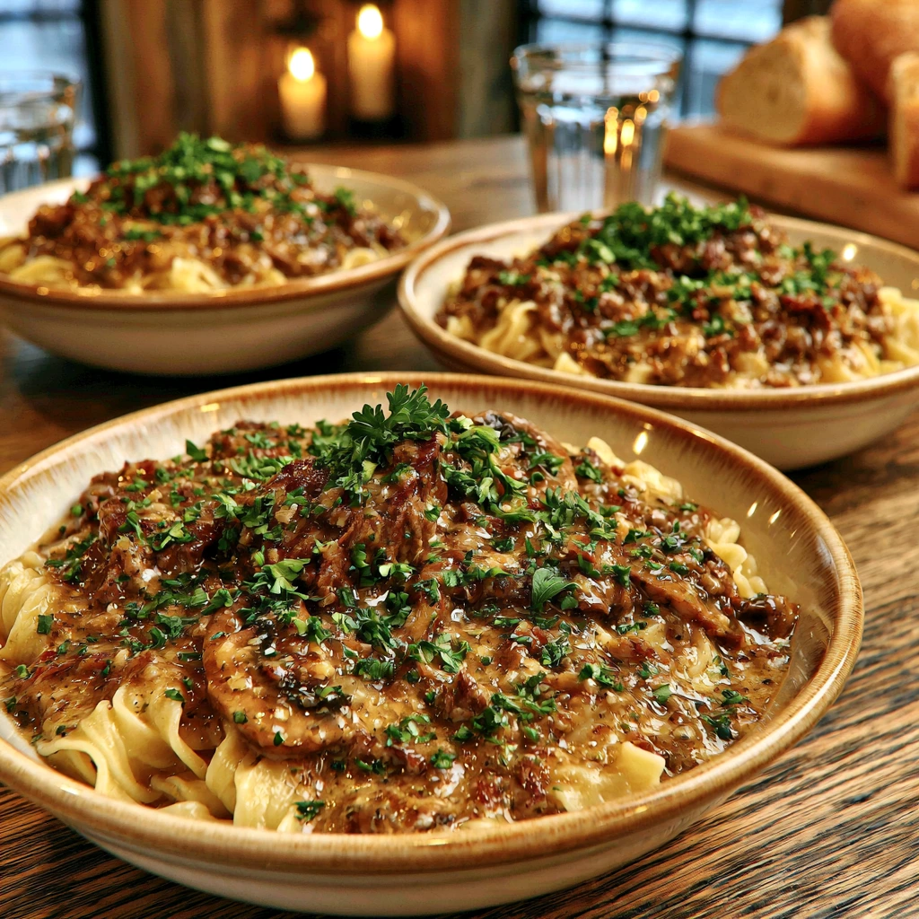 Homemade Beef and Mushroom Stroganoff served over egg noodles on a family dinner table.