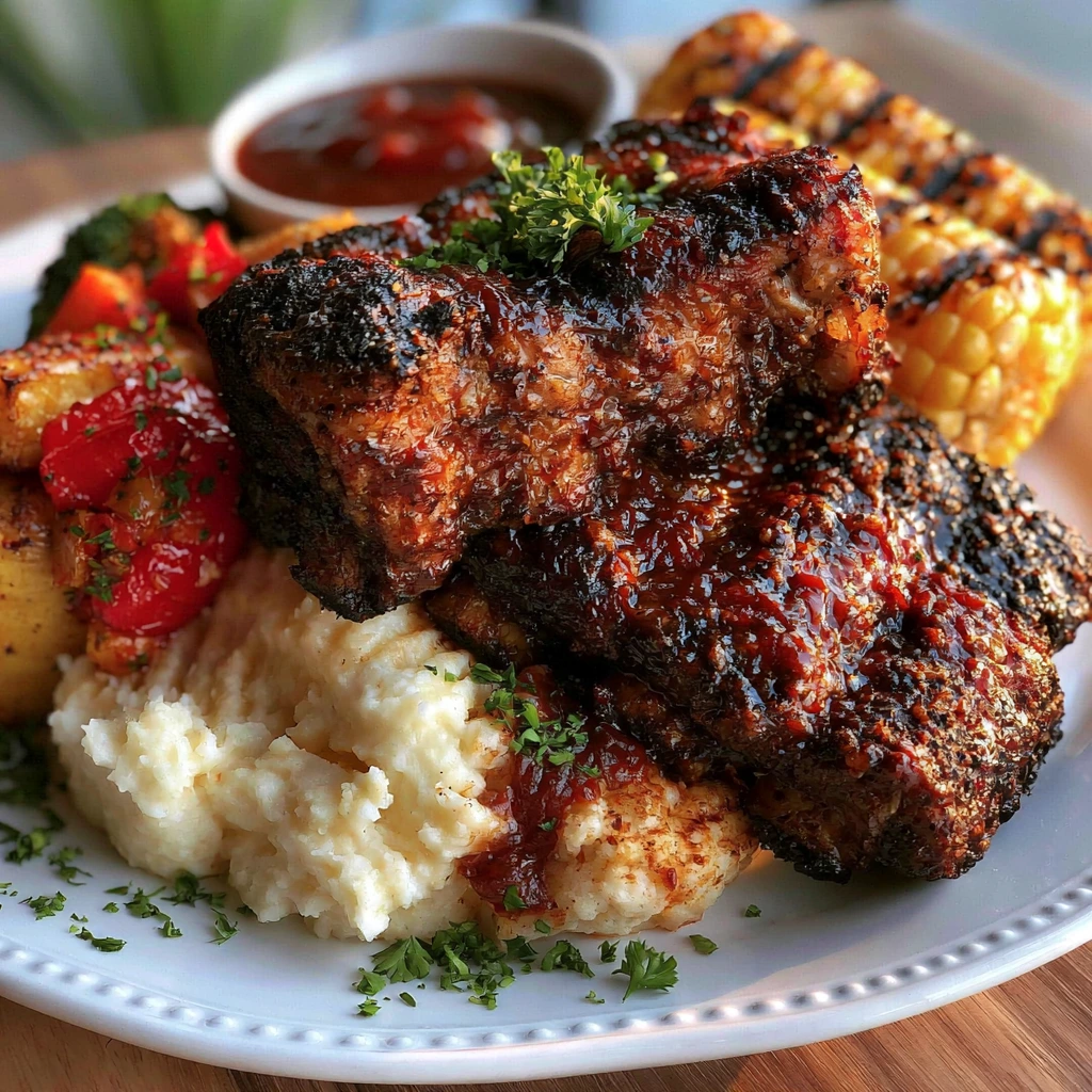 Honey BBQ Glazed Ribs Dinner Honey BBQ Glazed Ribs served with mashed potatoes, grilled corn, and roasted vegetables.
