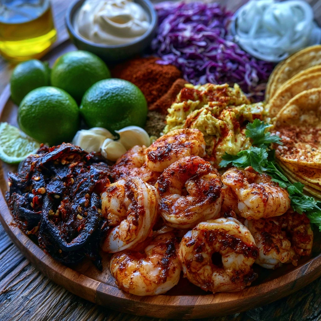 Fresh shrimp, chipotle peppers, avocado, cabbage, cilantro, tortillas, and lime for shrimp tacos.
