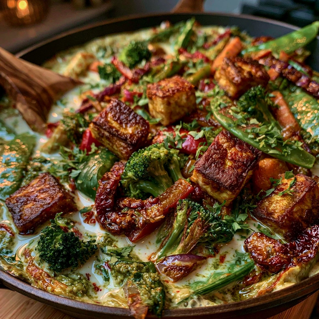 Cooking Thai Green Curry with Tofu and Veggies Cooking Thai Green Curry with Tofu and Veggies in a skillet with coconut milk and fresh vegetables