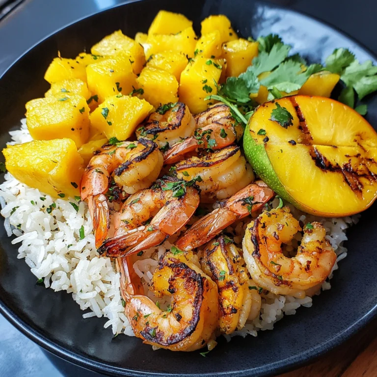 Plate of Coconut Rice served with ripe mango slices and grilled shrimp, garnished with fresh cilantro.
