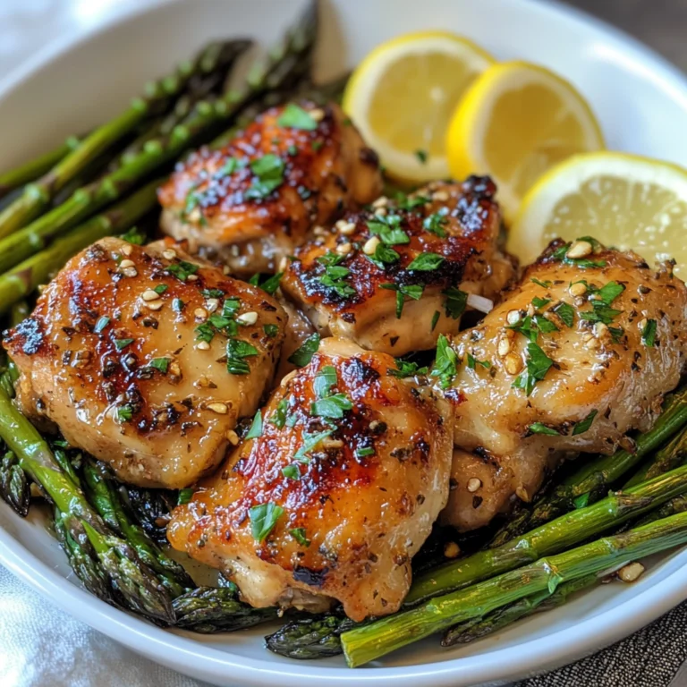 Garlic Butter Chicken Thighs served with roasted asparagus, garnished with lemon slices and parsley.