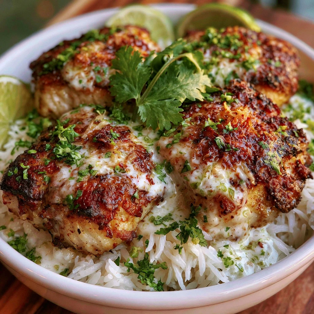 Creamy Coconut Lime Fish with Rice served with jasmine rice, fresh cilantro, and lime wedges.